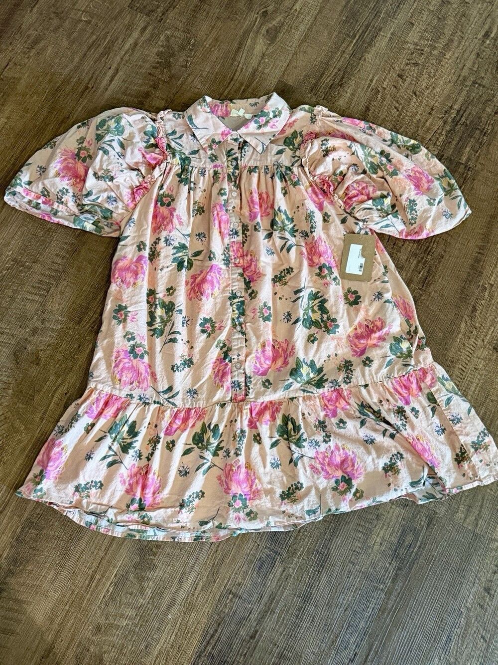 Entro Floral Print Babydoll Dress Medium Cotton Rayon Mini V-Neck 3/4 Sleeve M